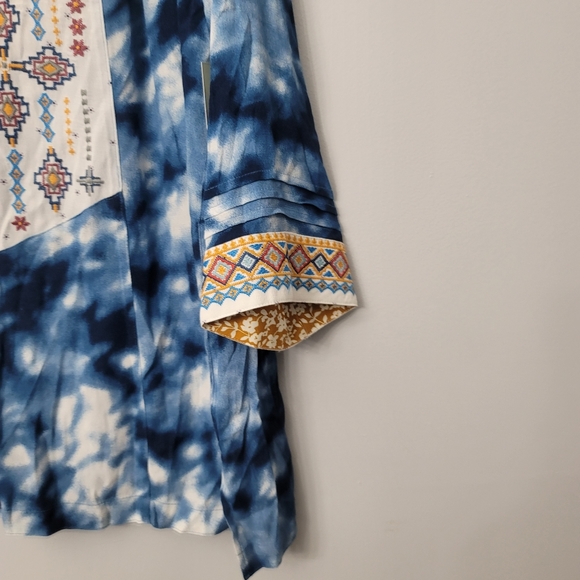 John Mark Embroidered Tie Dye Print V-Neck 3/4 Sleeve High-Low Blouse - Picture 6 of 9